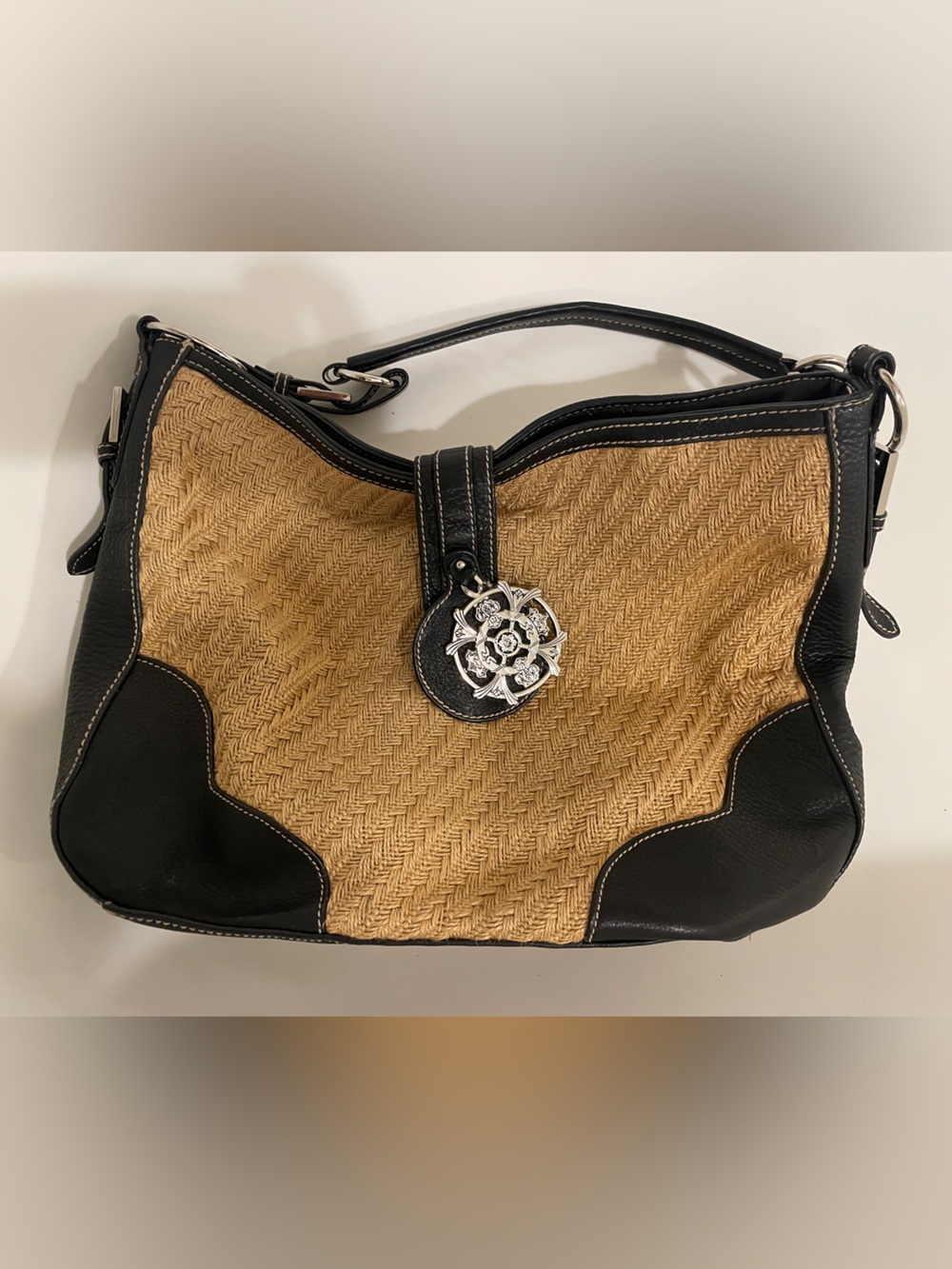 Kate Landry Tan Woven Jute and Black Leather Shoulder Bag with Silver Medallion